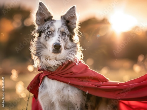 Fluffy Dog as a Superhero with a Wind-Blown Cape photo