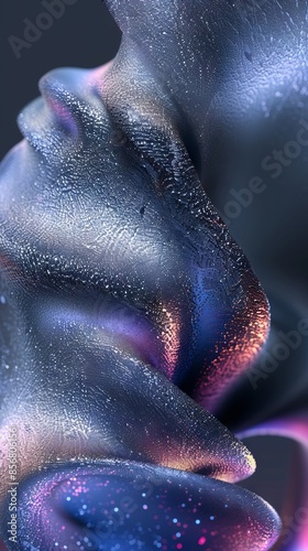 An abstract close-up image of a shimmering, iridescent form resembling a cosmic embrace, with a textured surface reminiscent of celestial dust