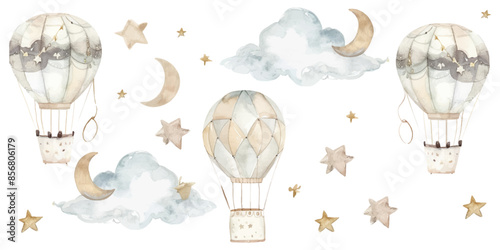 Wallpaper Mural watercolor clipart of hot air balloons, clouds and stars in neutral tones on a white background Torontodigital.ca