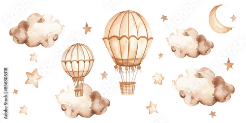 watercolor clipart of hot air balloons, clouds and stars in neutral tones on a white background