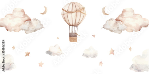 watercolor clipart of hot air balloons, clouds and stars in neutral tones on a white background