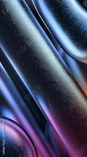 A close-up shot of abstract metallic curves, their surface catching the light and reflecting a spectrum of iridescent colors, creating a mesmerizing visual experience
