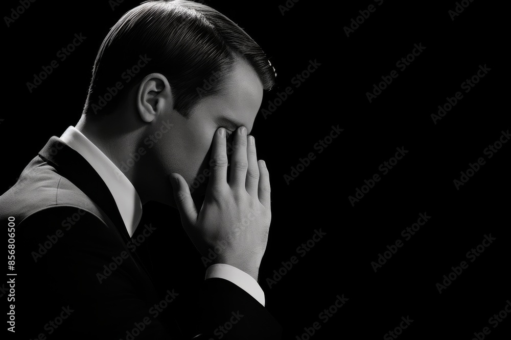 Black And White Portrait Of A Man In A Suit Covering His Face With His Hand Black And White Portrait Of A Man In A Suit Covering His Face With His Hand