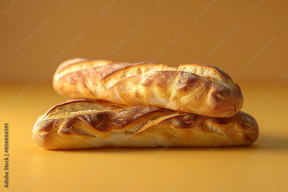 Two freshly baked baguettes stacked on a warm yellow background, showcasing golden crusts and artisanal textures, perfect for bakery promotions. Two freshly baked baguettes stacked on a warm yellow background, showcasing golden crusts and artisanal textures, perfect for bakery promotions.