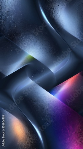 Digital abstract art: metallic spheres intertwine in a 3D space, colorful lights adding vibrancy and dramatic shadows