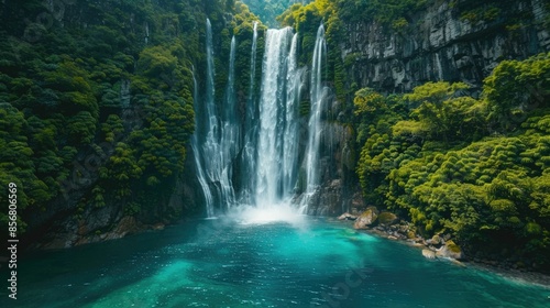 Breathtaking view of a powerful waterfall cascading down into a serene turquoise colored pool surrounded by a lush verdant jungle landscape