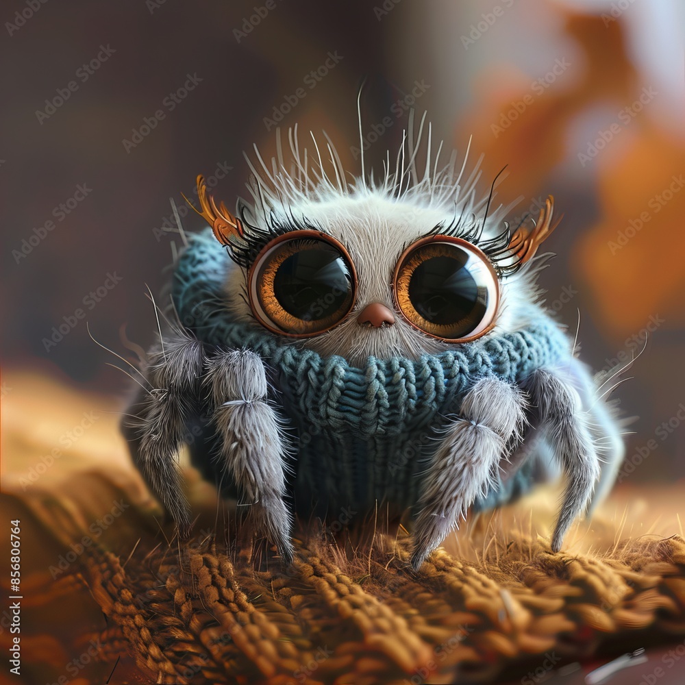 Adorable Furry Spider with Big Eyes Wearing a Knitted Sweater Adorable Furry Spider with Big Eyes Wearing a Knitted Sweater