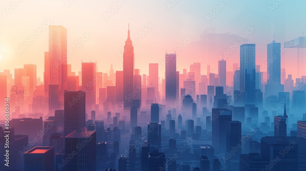 A city skyline with a pink and blue sky in the background