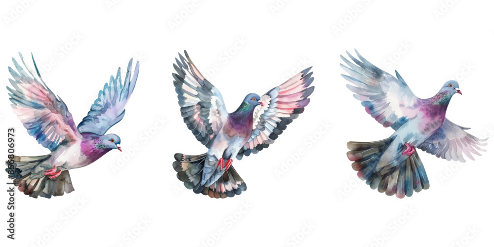 Fototapeta premium Cute watercolor pigeon flying isolated on white background.