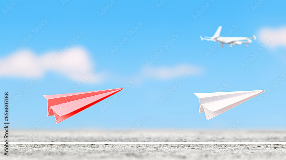 Paper Planes on Ground with Blue Sky Background. Transport Theme Paper Planes on Ground with Blue Sky Background. Transport Theme