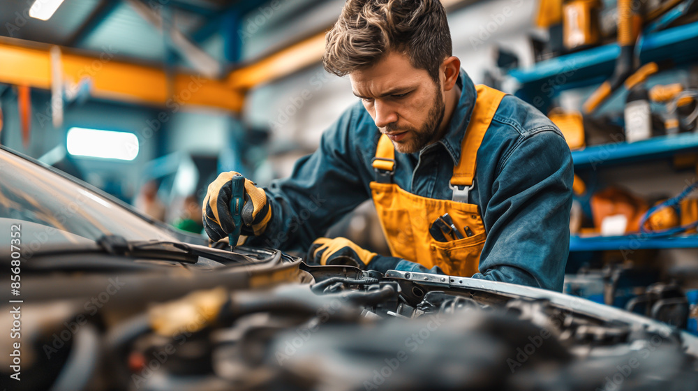 A proficient car mechanic engrossed in work at an auto repair shop, clad in work clothes and safety gloves, holding a tool and inspecting an engine with precision.