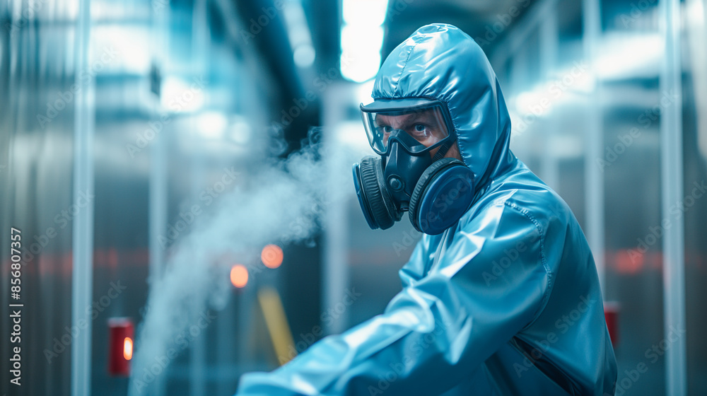 An auto painter engaged in work within a spray booth, fully equipped with protective gear including a paint suit, respirator mask, and gloves. An auto painter engaged in work within a spray booth, fully equipped with protective gear including a paint suit, respirator mask, and gloves.
