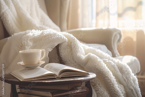 a cup of tea on a table with a book and a blanket