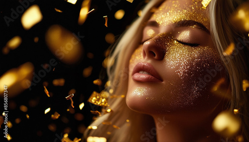 A beautiful blonde woman with her eyes closed and gold glitter covering the face photo