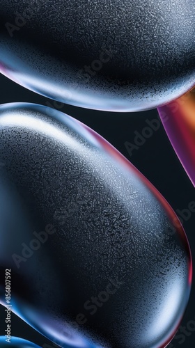 Close-up shot of a smooth, metallic sphere with an iridescent surface, illuminated by a subtle glow of light