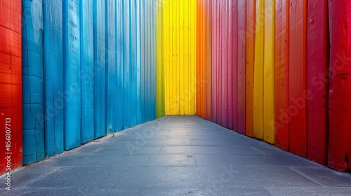 A colorful wall with a rainbow stripe and a path in the middle