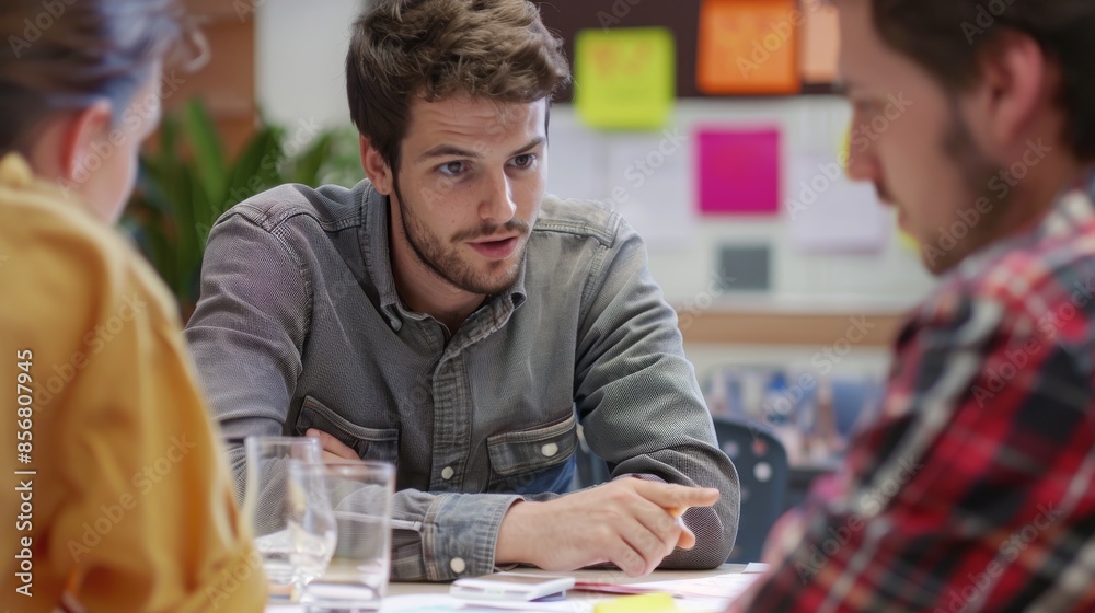 A man with a beard is talking to two other men at a table A man with a beard is talking to two other men at a table