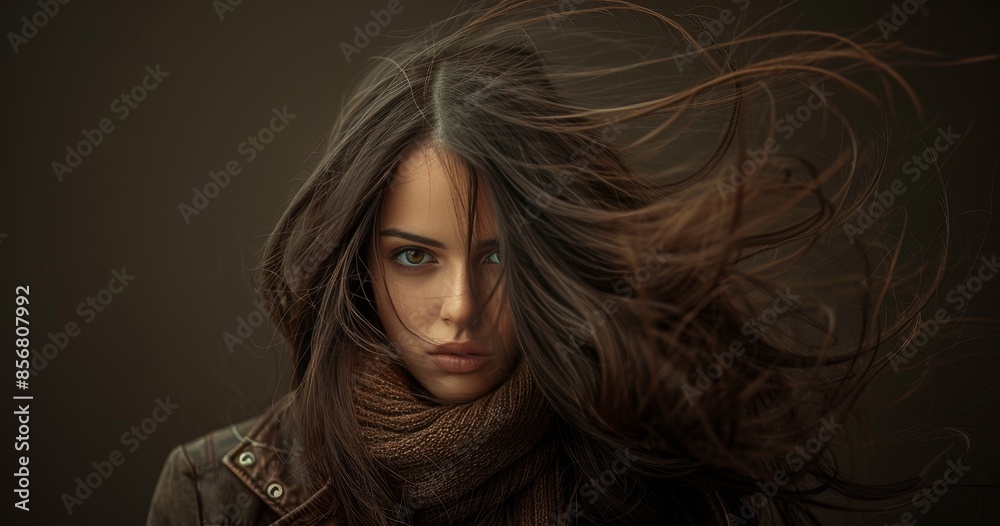 Young Woman With Long Brown Hair Blowing in the Wind Young Woman With Long Brown Hair Blowing in the Wind