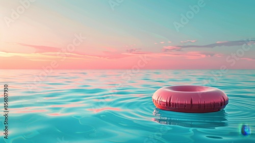 A red inflatable raft sits on the surface of the ocean photo