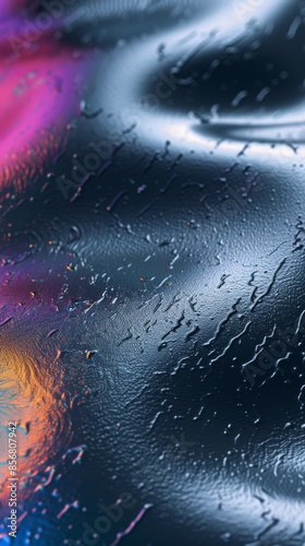 A close-up shot of a wet surface reflecting iridescent colors, creating a mesmerizing abstract pattern