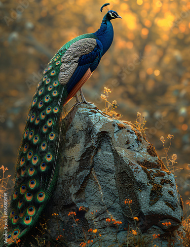 portrait photo of peacock on the rock stone with blur nature forest  background , moody vintage wall art, wallpaper