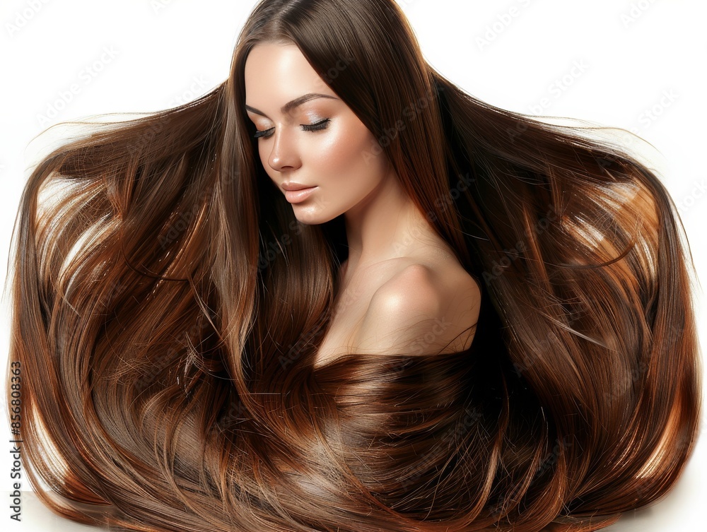 Obraz premium Woman With Long, Straight Brown Hair Against White Background