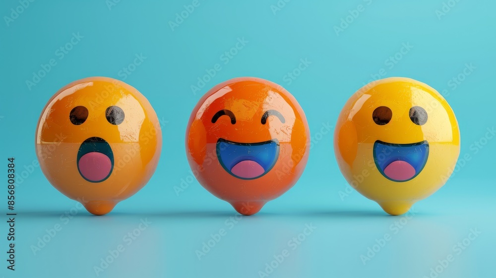 Three smiling faces are shown in a row, with one of them having an open mouth Three smiling faces are shown in a row, with one of them having an open mouth