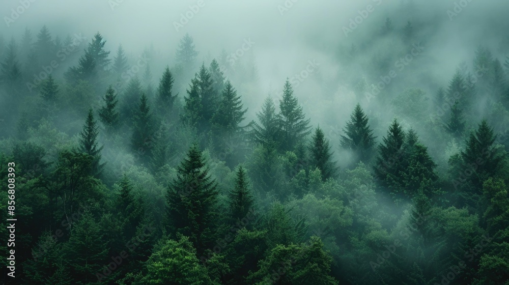 Mysterious and Serene Foggy Forest Landscape with Towering Evergreens and Atmospheric Mist A dense primeval forest shrouded in a mystical fog creates a hauntingly beautiful and tranquil scene Mysterious and Serene Foggy Forest Landscape with Towering Evergreens and Atmospheric Mist A dense primeval forest shrouded in a mystical fog creates a hauntingly beautiful and tranquil scene