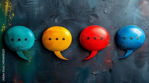 Four wooden speech bubbles with different colors and a black background