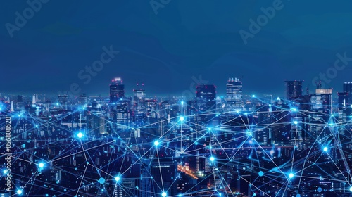 A cityscape with a lot of lights and a lot of dots connection technology