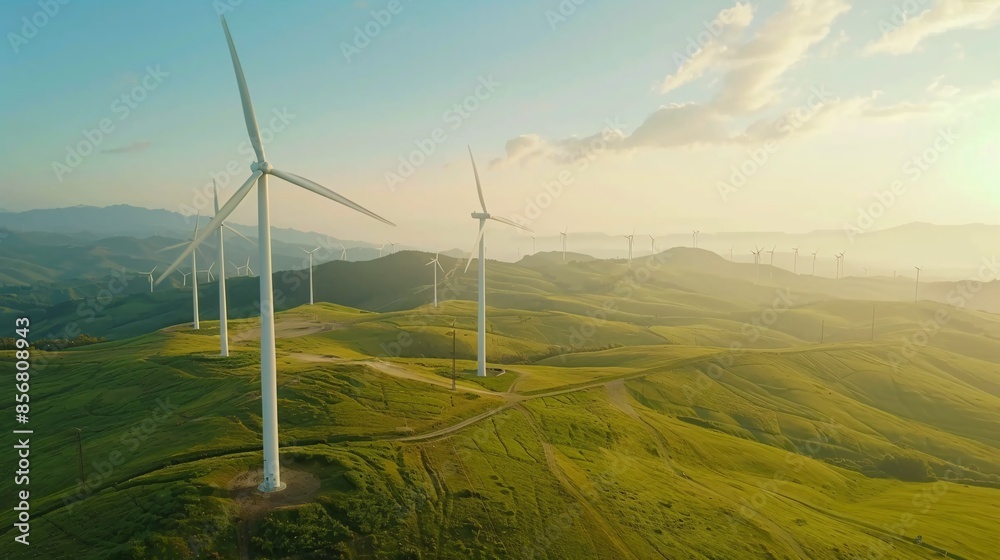 a group of wind turbines on a green hill with Albany Wind Farm in the background a group of wind turbines on a green hill with Albany Wind Farm in the background