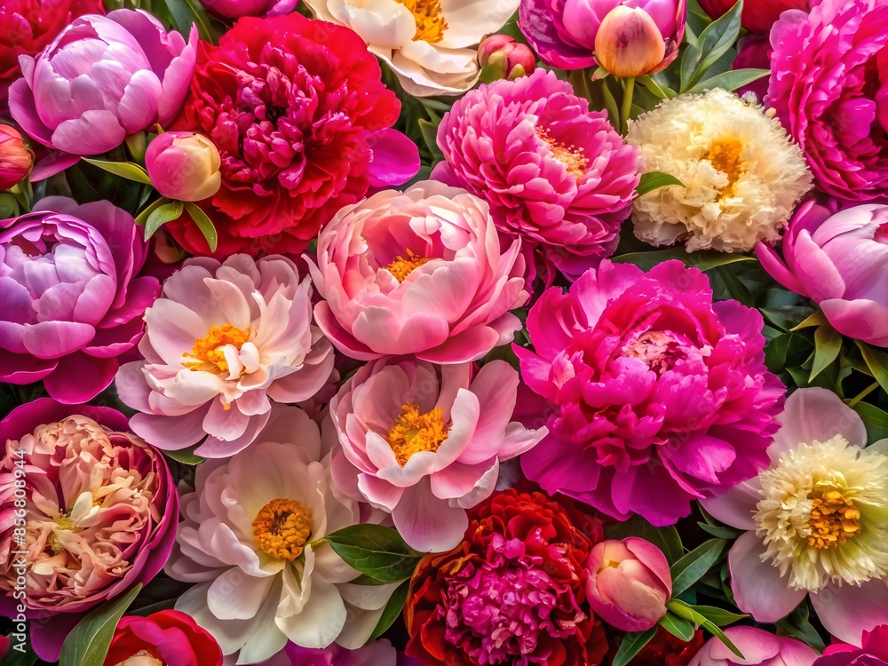 An Overhead Shot Of A Variety Of Peony Flowers In Full Bloom Against A Dark Background. An Overhead Shot Of A Variety Of Peony Flowers In Full Bloom Against A Dark Background.