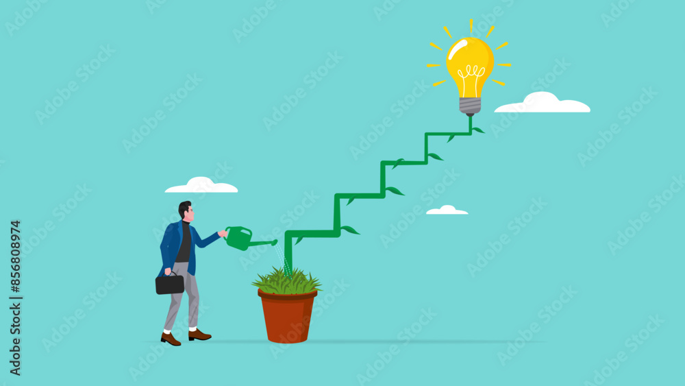 strategy for career development with creative idea solution, growth strategy, career path development or growing business, businessman watering plant with lightbulb idea to improve career or skills strategy for career development with creative idea solution, growth strategy, career path development or growing business, businessman watering plant with lightbulb idea to improve career or skills