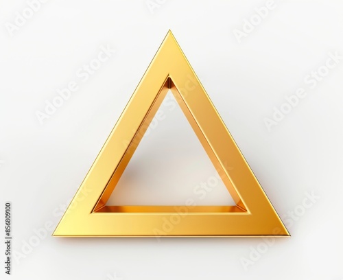 A shiny, gold-colored triangle with a hollow center sits on a stark white background