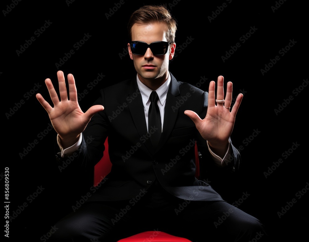 Obraz premium A man in a suit and sunglasses is sitting on a red chair