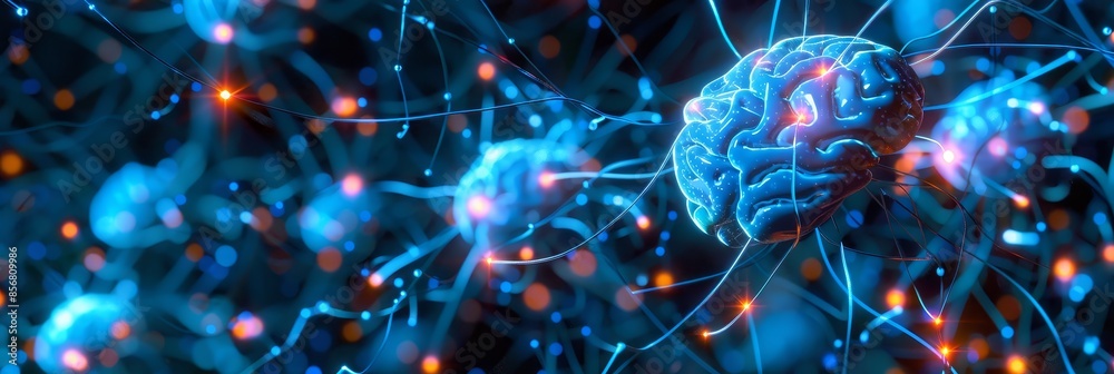 Digital brain network concept design - Vibrant 3D render of a brain network with neural connections and nodes Digital brain network concept design - Vibrant 3D render of a brain network with neural connections and nodes