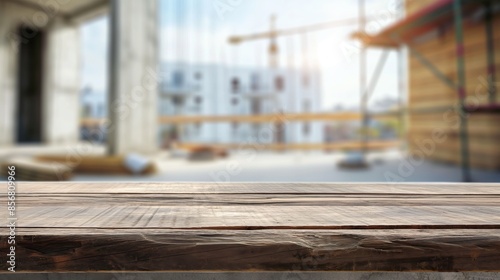 a close up of a rustic empty wooden table with blurred construction site background