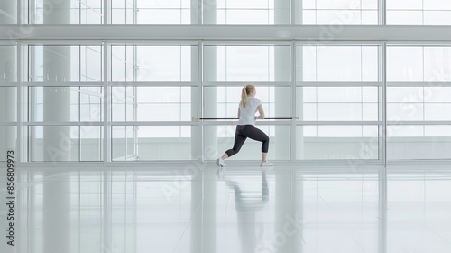 A Woman Stretches Before a Windowed Wall