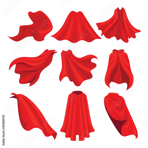 Set of red hero cape collection, power man cloak, red superhero cloak hero for discount banner, child fashion mantle illustration, Red curtain,Red superhero cloak, super hero cloth or silk flying cape
