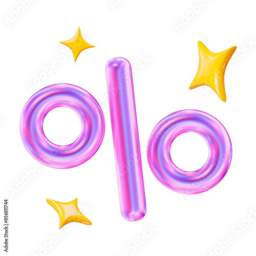 3d neon percent signs discount with yellow stars. Voucher gift. Stock vector illustration on isolated background.