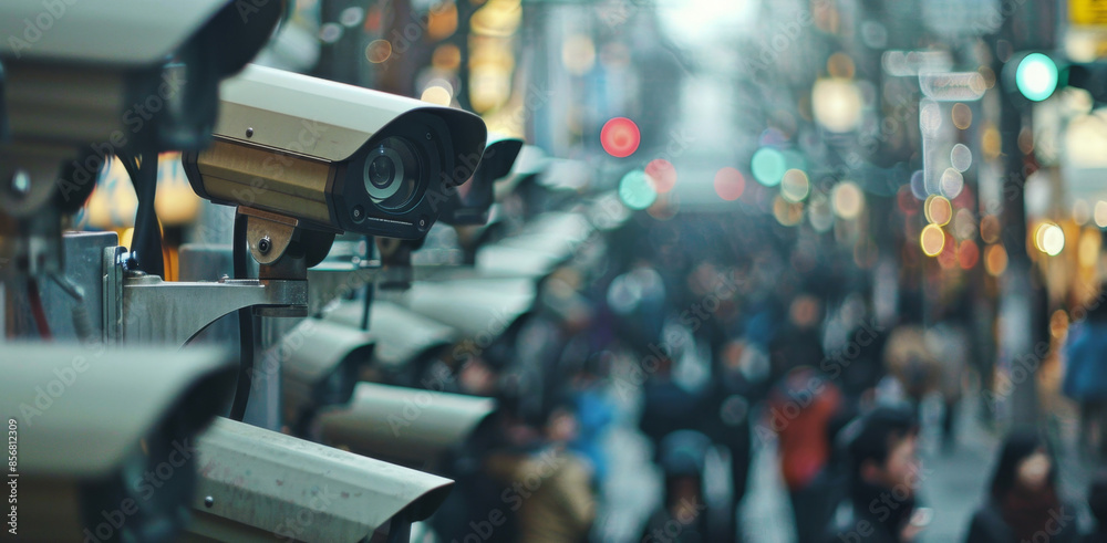 Security Cameras Monitoring Crowded City Street During Daytime