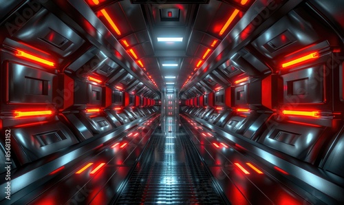 Futuristic Spaceship Corridor with Glowing Red Lights and Metallic Surfaces