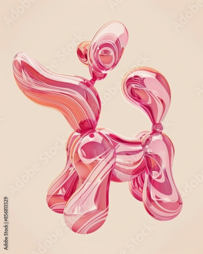 A pink balloon dog with a marbled, iridescent finish stands against a soft, pale background. Its form is both playful and elegant, creating a whimsical and captivating visual