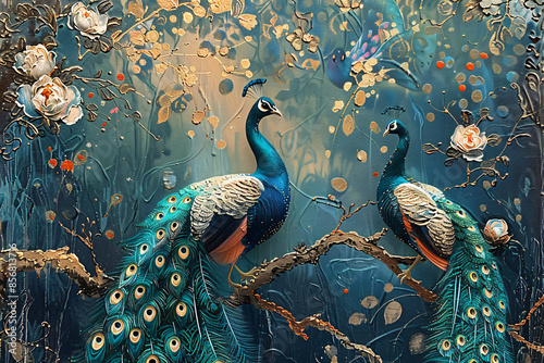 Chinoiserie painting of a couple peacock on tree branch with blue and gold theme color background, moody vintage wall art, wallpaper