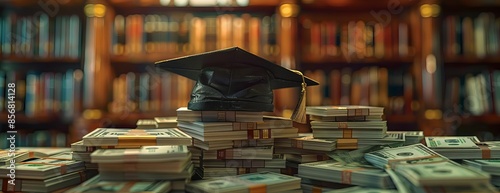 Frontal view of a graduation cap resting atop a neatly arranged pile of money, background softly blurred with hints of a library setting, CG 3D rendering, ultra-realistic textures photo