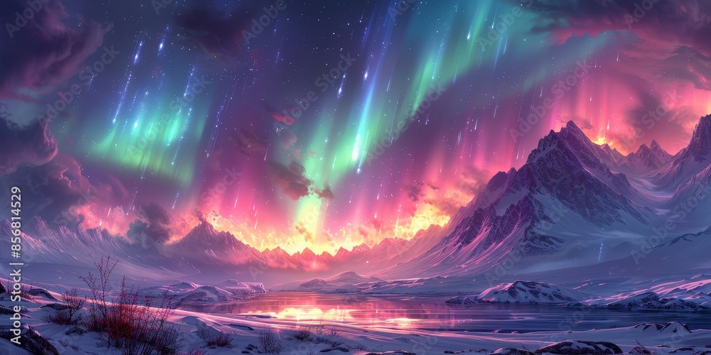 Obraz premium Aurora Borealis Over Snowy Mountains