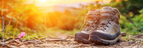 Lone hiking boots on mountain trail with stunning panoramic views in the background