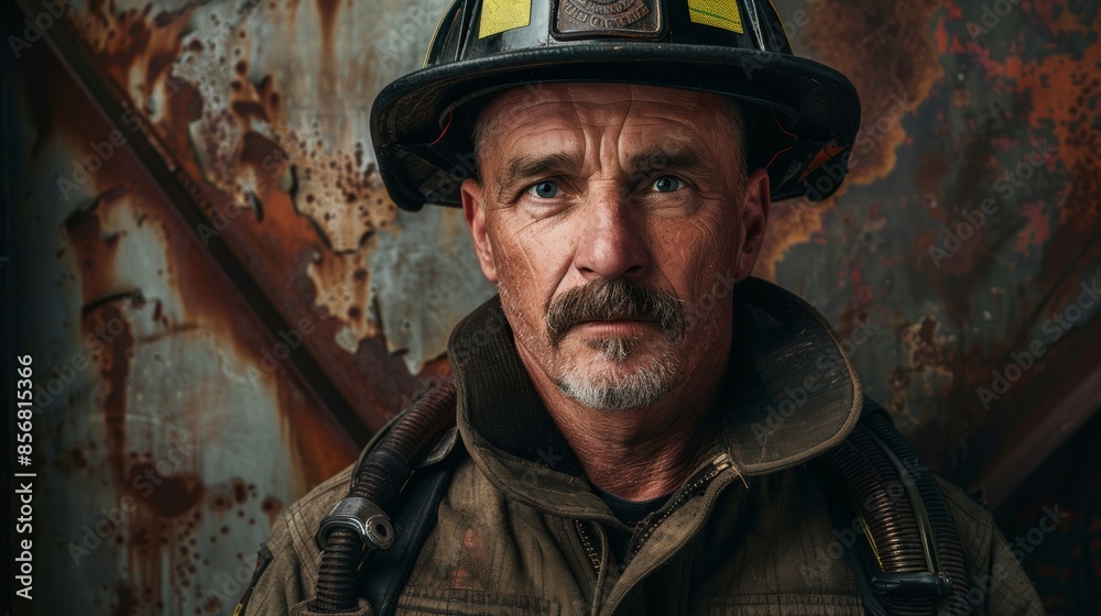 A classic portrait of a firefighter in uniform, depicting bravery and service