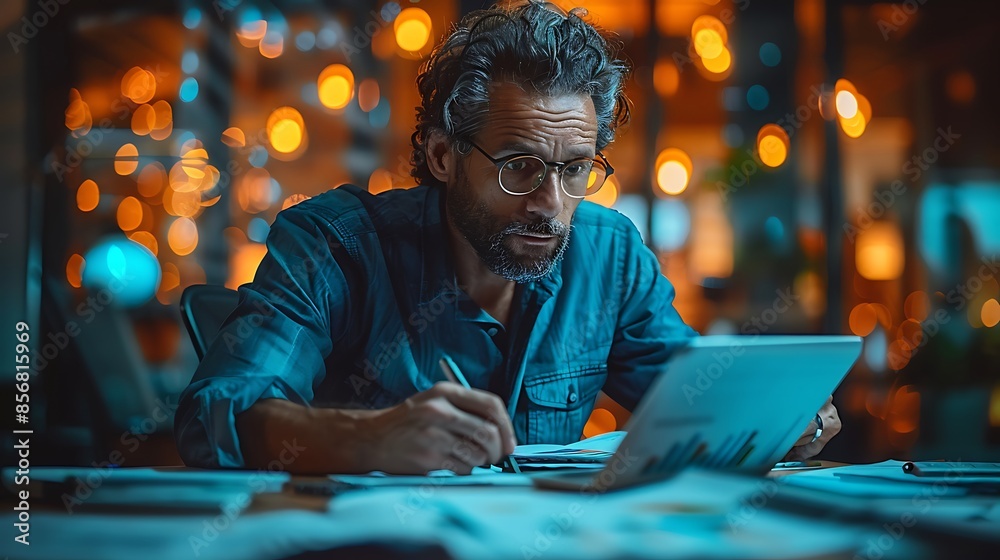 A photographic style of a financial analyst multi-tasking with multiple devices and financial reports, modern office with glass walls, ambient light, tidy workspace, financial documents scattered, ser A photographic style of a financial analyst multi-tasking with multiple devices and financial reports, modern office with glass walls, ambient light, tidy workspace, financial documents scattered, ser