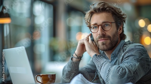 A photographic style of a financial analyst on a phone call, minimalist modern office, natural light from large windows, analytical expression, coffee cup on the desk, laptop open with financial repor photo